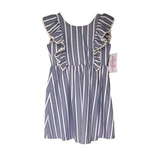 NWT Bonnie Jean Girl’s Blue & White Stripe Summer Dress Back Bow Ruffle Sleeves